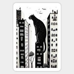 Big City Cat Looking into Peoples Windows Black and White Illustration Sticker